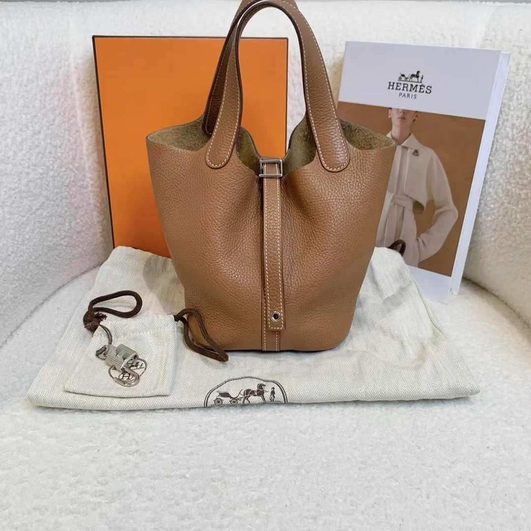 99新 Hermes/爱马仕 壹臻/金棕银扣菜篮子18 C刻手提包/31122028