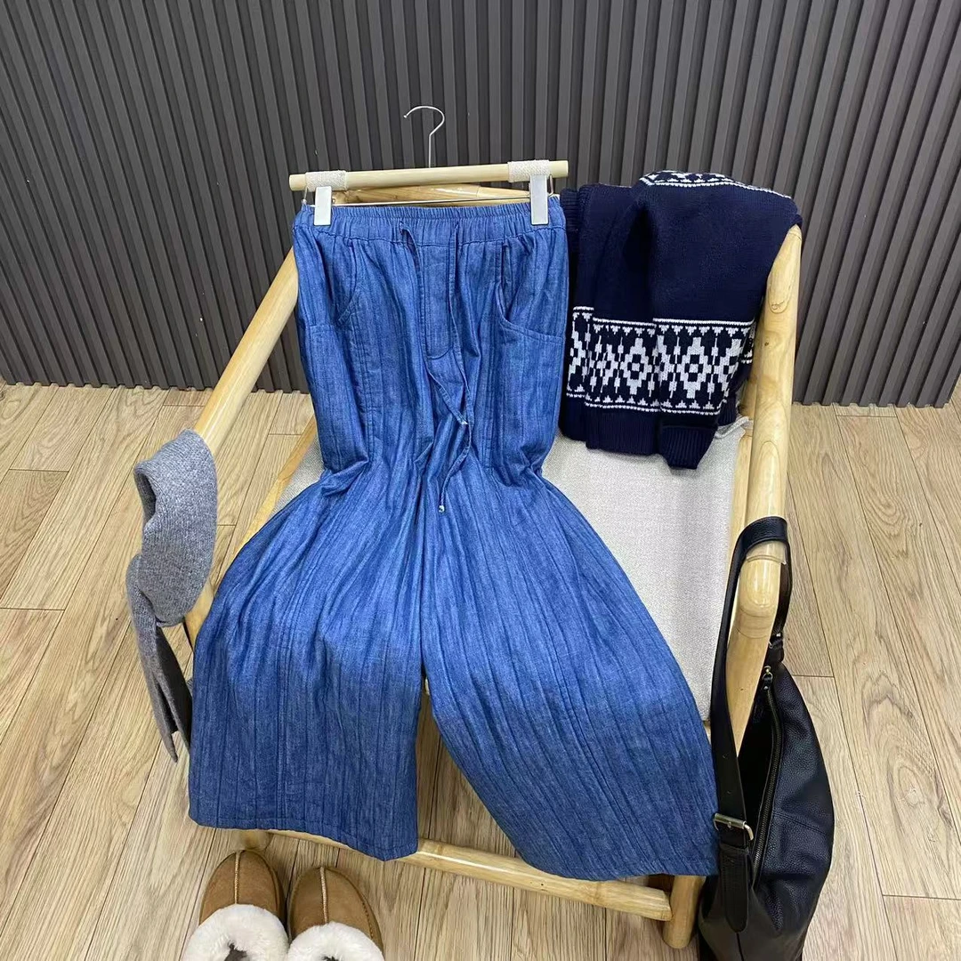 高腰棉麻抽绳夹棉绗缝棉裤宽松文艺复古亚麻阔腿裤女K5560