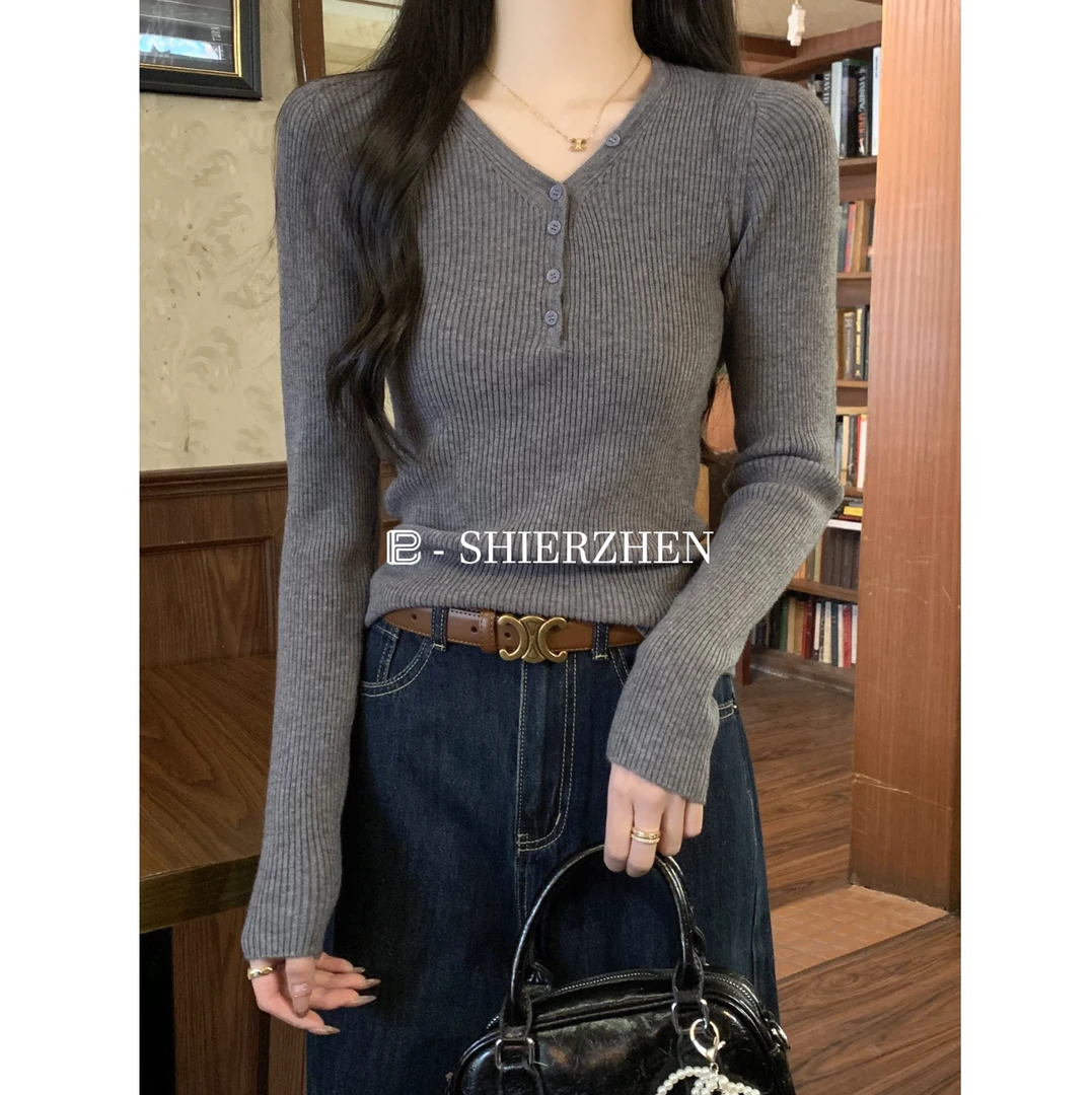 2025早春韩版套头百搭洋气V领设计感安迪绒气质长袖针织衫女装