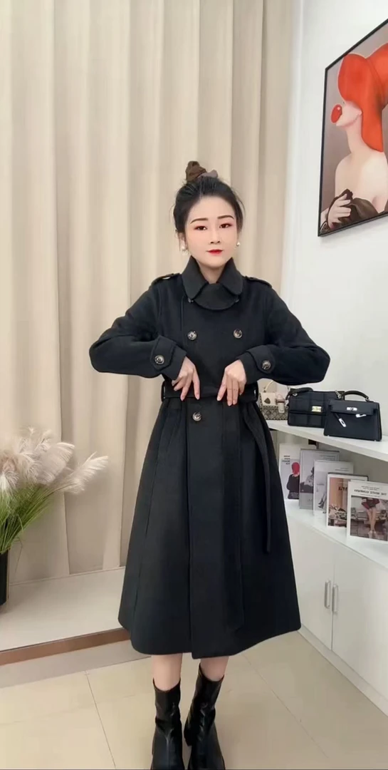 88163-女简约风长款百搭厚款秋冬赫本风加衬新款时尚大衣外套