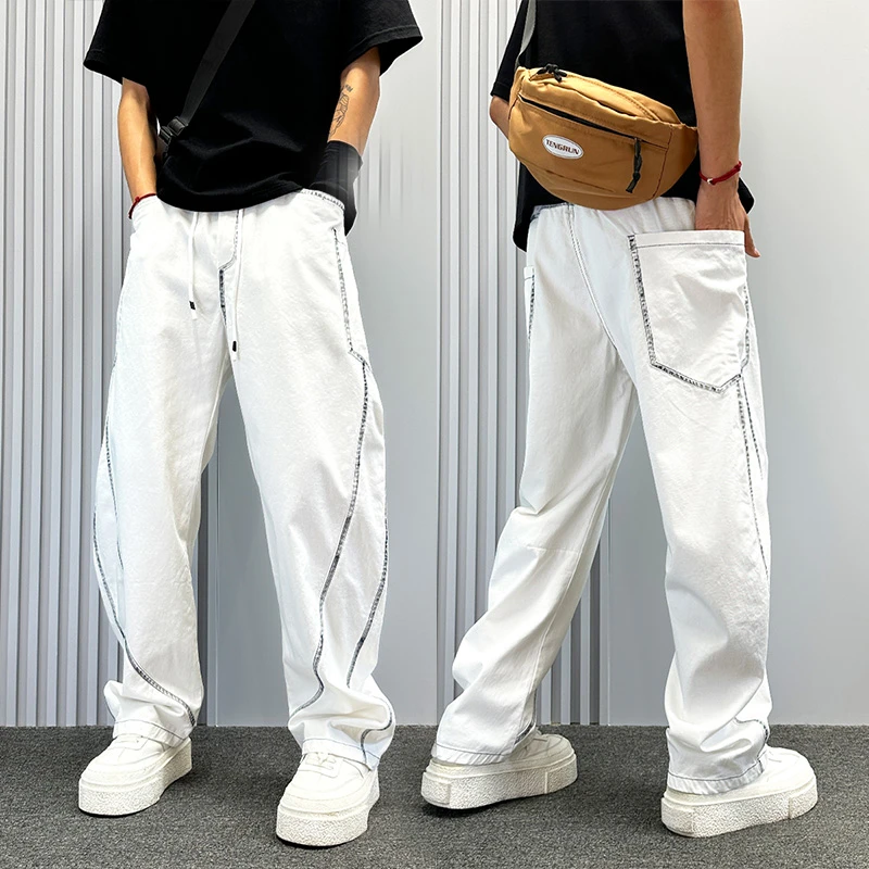 设计感条纹拼接白色弯刀牛仔裤男2025夏季新款宽松直筒休闲工装裤