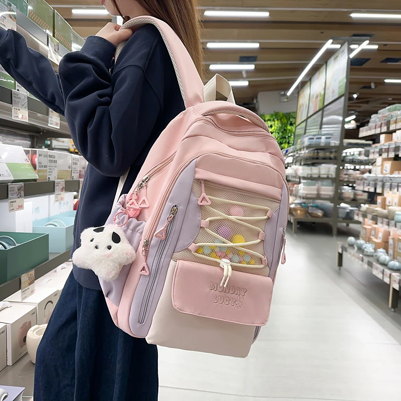 小清新撞色初中学院风双肩背大容量护脊少女背包防泼水可套拉杆箱