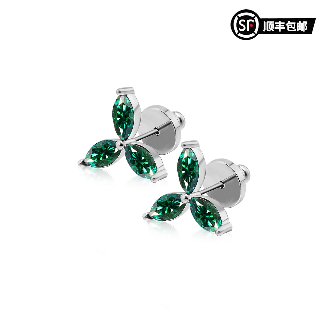 925银莫桑石耳饰 幸运三叶草1.5克拉原色翠绿莫桑钻耳钉