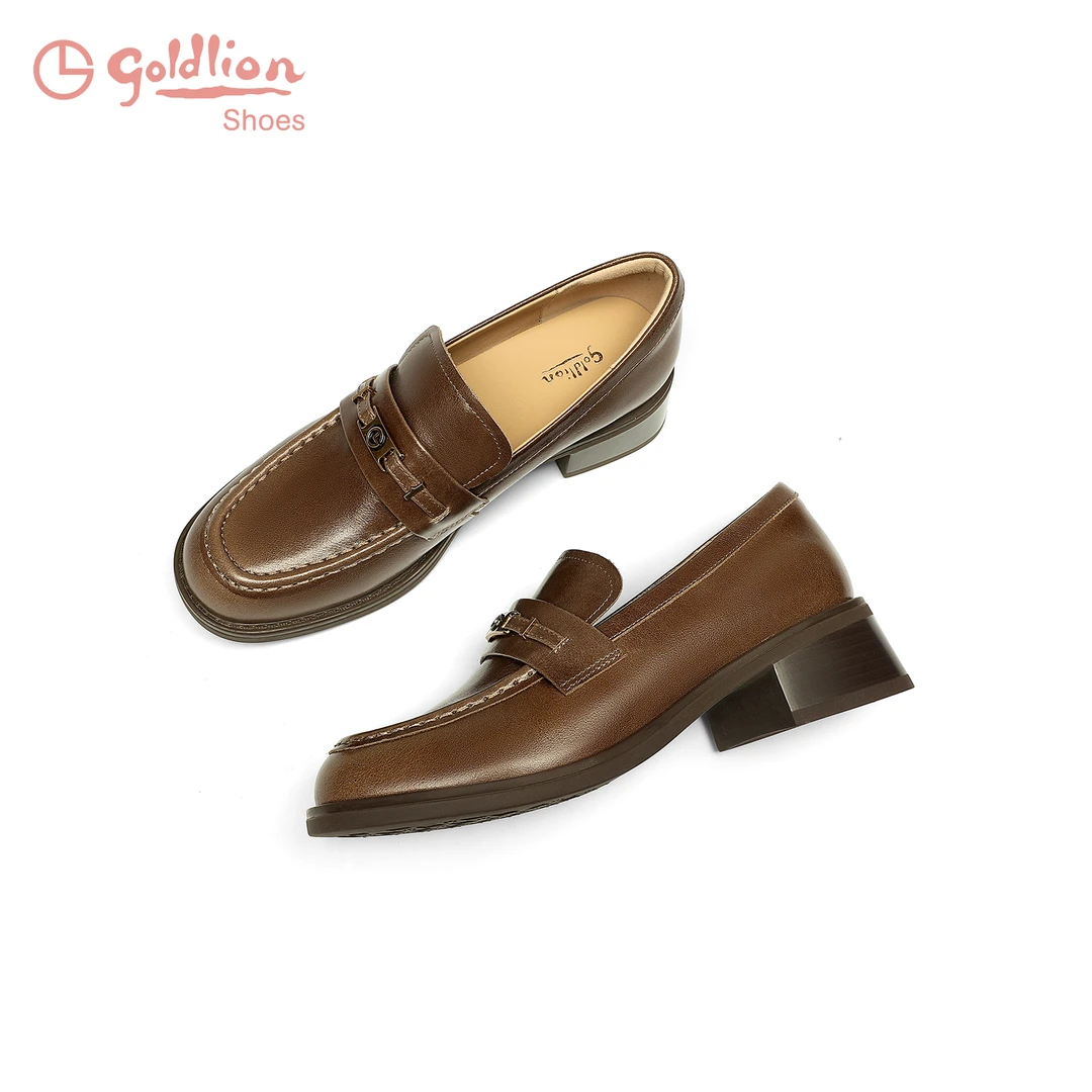 金利来女鞋2025春季新款真皮一脚蹬粗跟英伦乐福小皮鞋G608510195