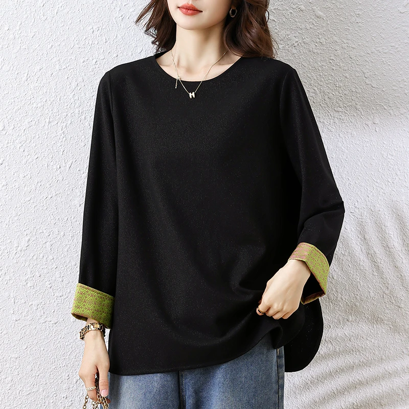 2025秋季繁星夹闪新中式国风衬衫优雅复古长袖t恤宽松女