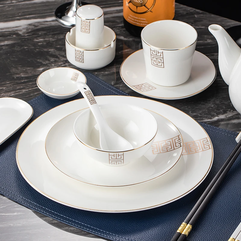 星级酒店中式摆盘金边骨瓷碗碟餐具套装高档饭店会所宴会招待专用