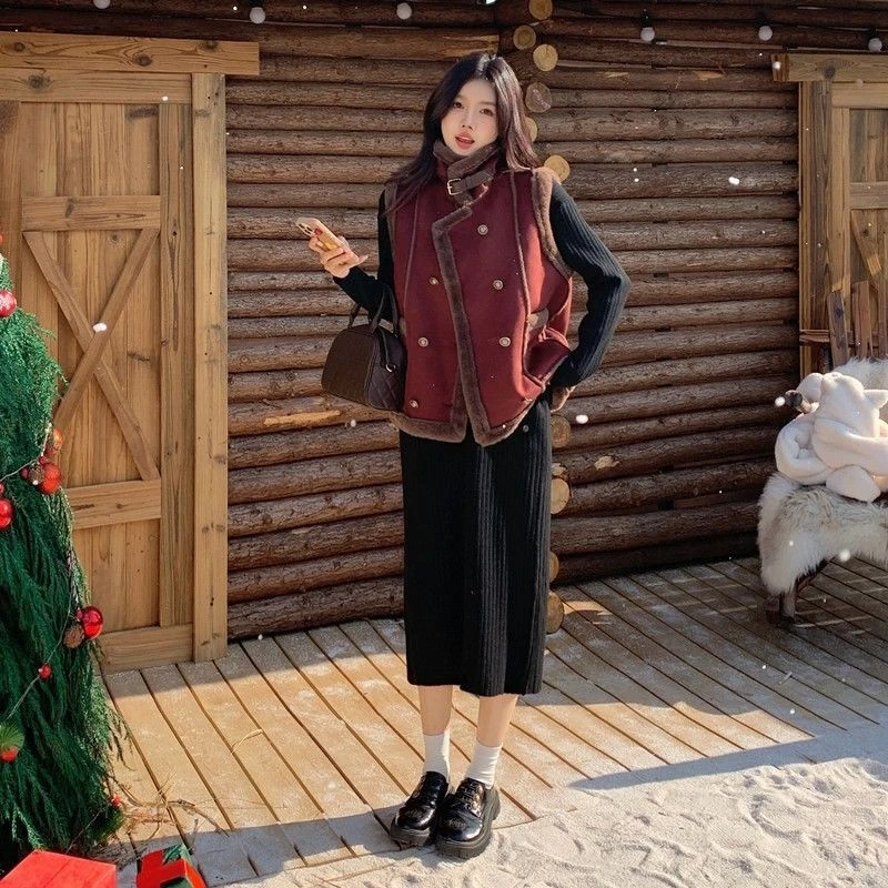 潮牌高端大码女装秋冬皮毛一体外套洋气显瘦加绒加厚机车服马甲女