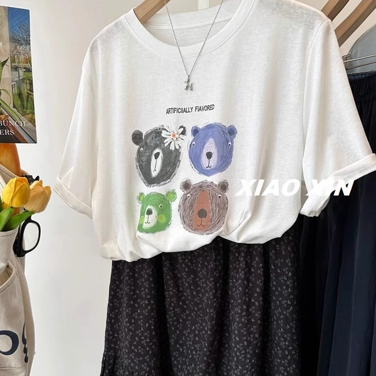 韩系小熊头休闲短袖上衣T恤女宽松体恤2025新款大码200斤胖MM
