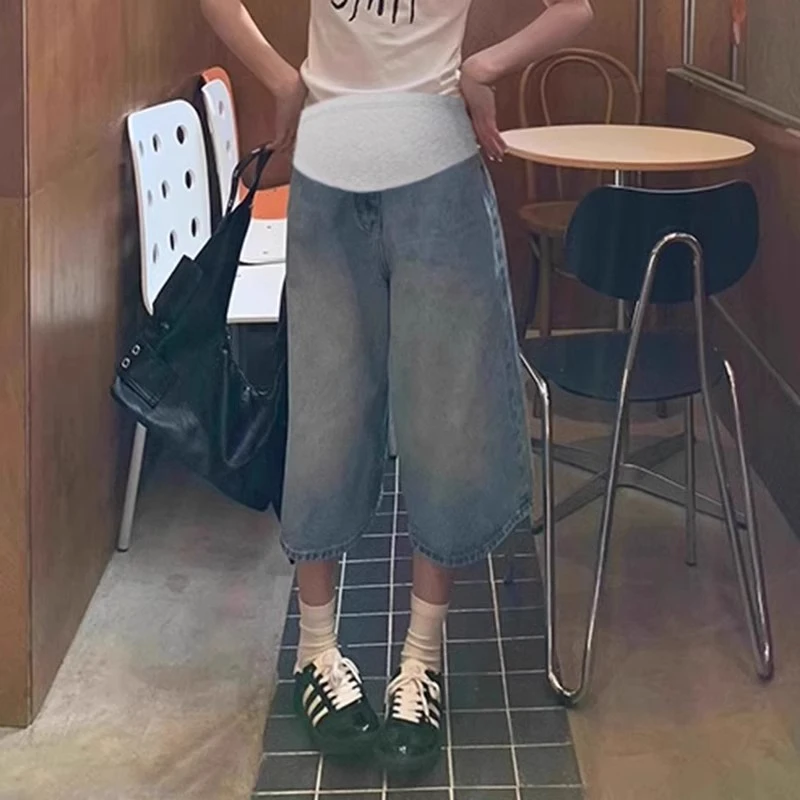 孕妇七分牛仔裤夏季薄款外穿不勒肚子2025新款宽松直筒休闲阔腿裤