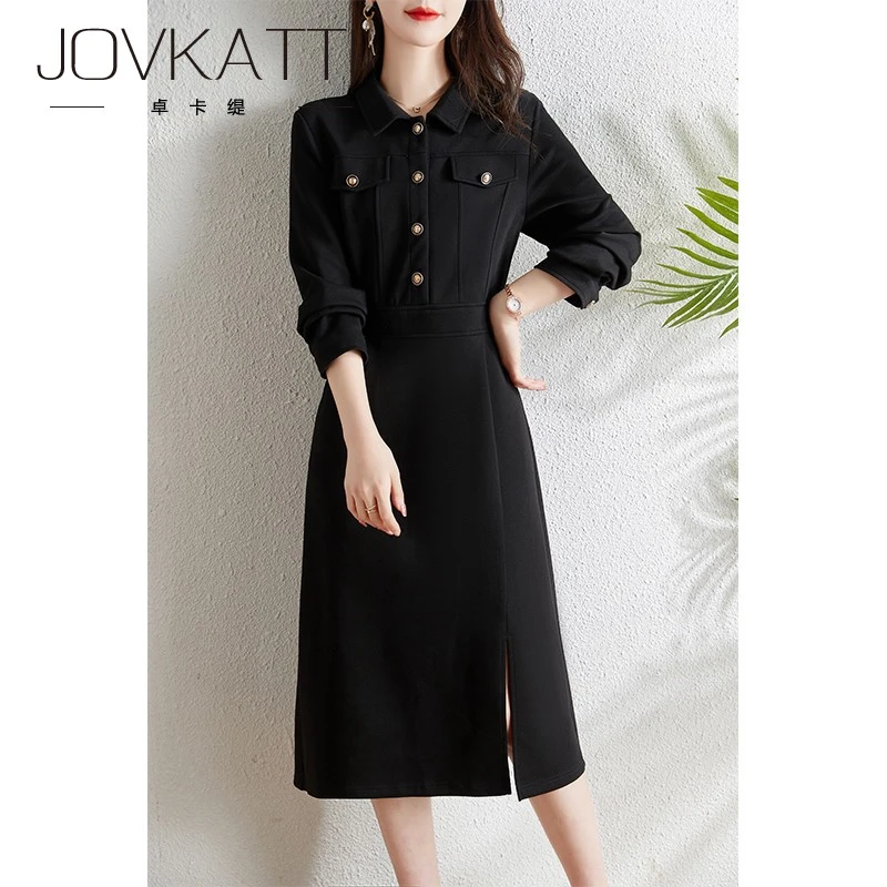 法式气质黑色翻领连衣裙女装秋季2025新款收腰显瘦赫本风中长裙子