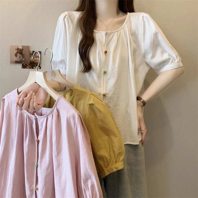 大码夏季设计感彩色纽扣压褶洋气时尚百搭宽松短款衬衫女
