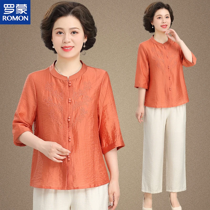 罗蒙中年妈妈夏装短袖t恤洋气上衣2025新款中老年人夏季时尚套装