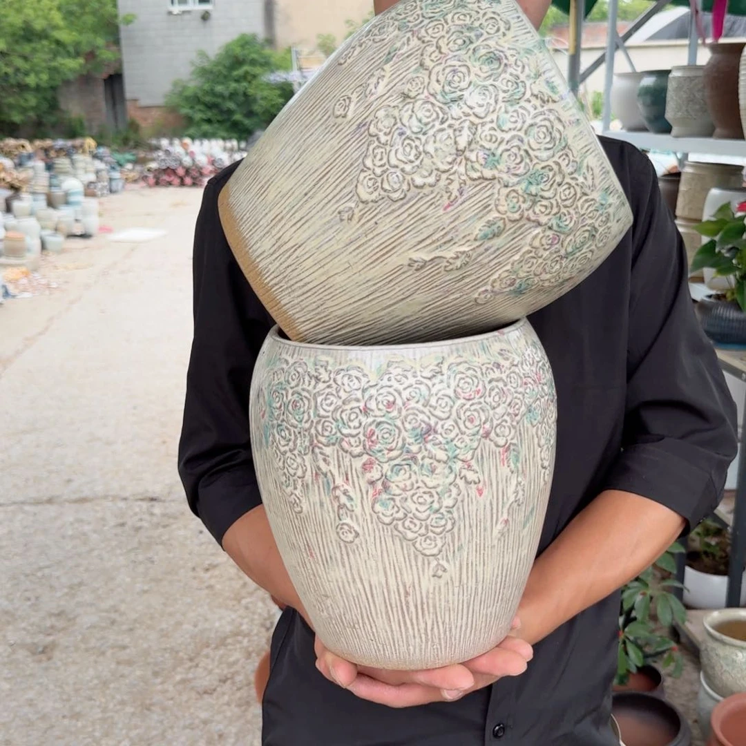 紫砂花盆口18高22（两个玫瑰花彩色窝