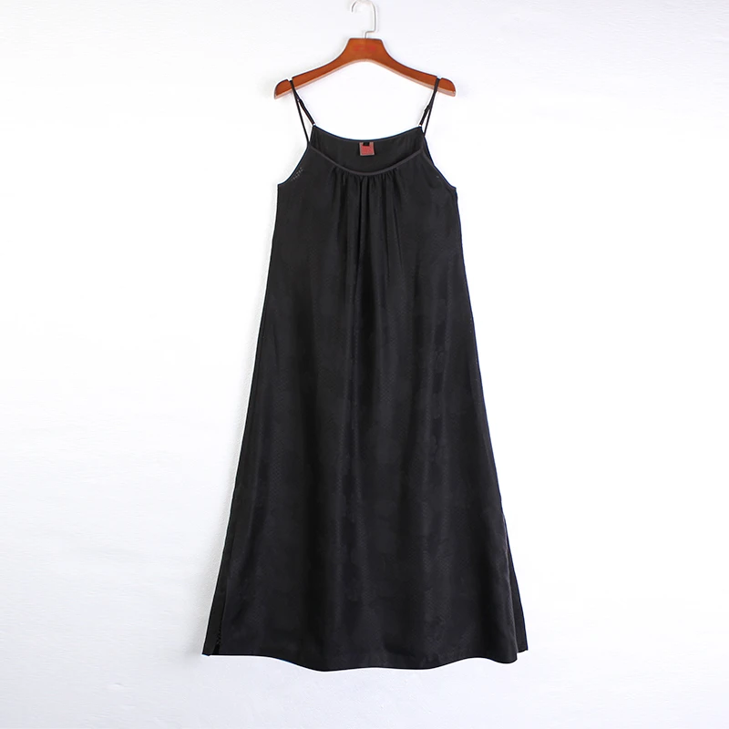 【夜昙】复古新中式纯手工桑蚕丝香云纱中长款提花吊带裙