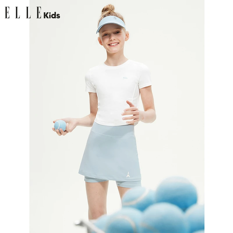 ELLE KIDS 吸湿速干印花短袖T恤女儿童夏季新款运动风网球上衣A1