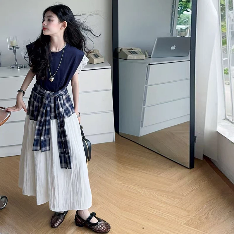 女童连衣裙夏2025新款女大童夏装韩系拼接格子裙女孩腰封叠穿长裙
