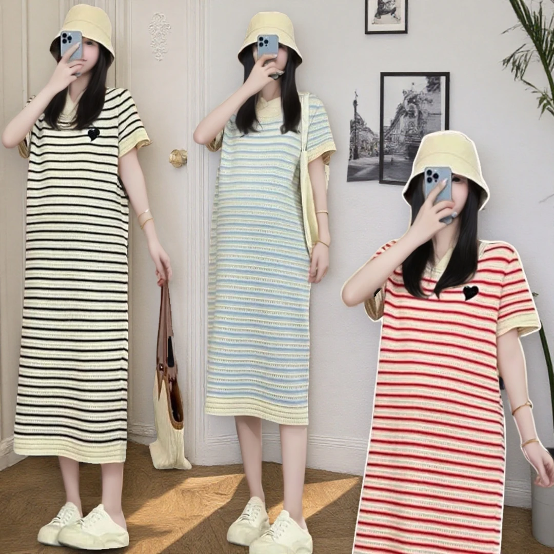R644#4.17 2025夏季新款韩版时尚镂空爱心宽松显瘦网红条纹连衣裙