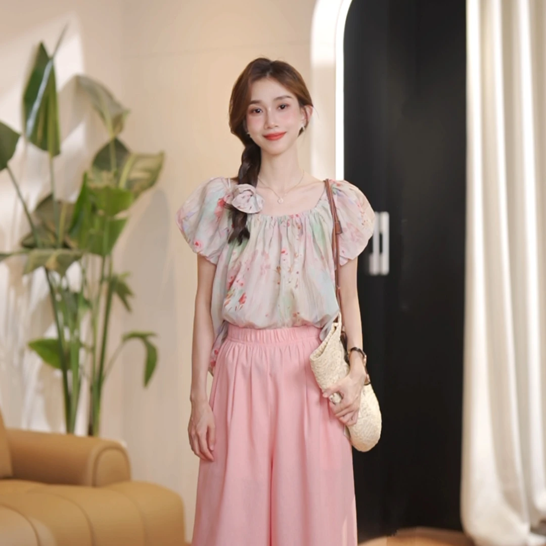 网红度假风碎花麻料透气两件套套装海滩85211