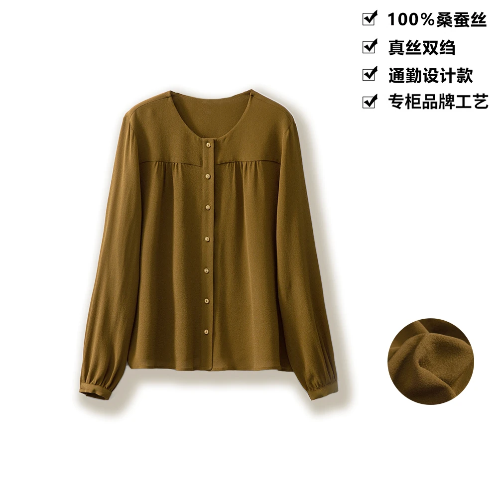 100桑蚕丝真丝上衣文艺休闲风宽松别致圆领长袖桑蚕丝衬衫CX07