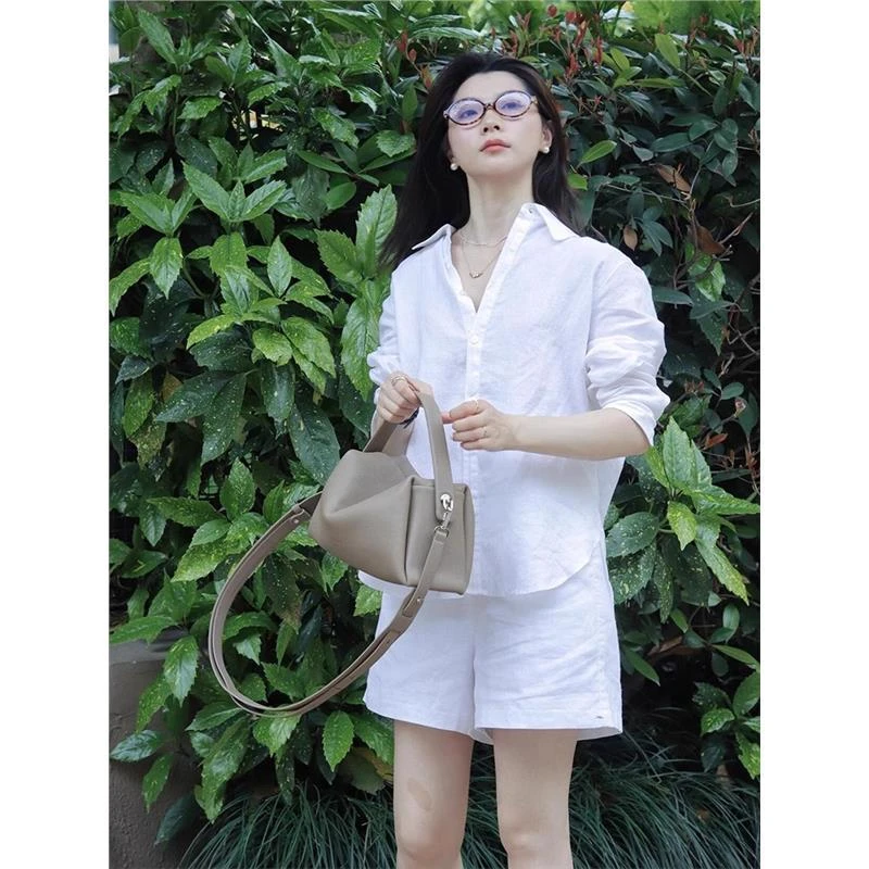 法式高级感气质小衫白色棉麻衬衫外套女秋季薄款长袖百搭亚麻上衣