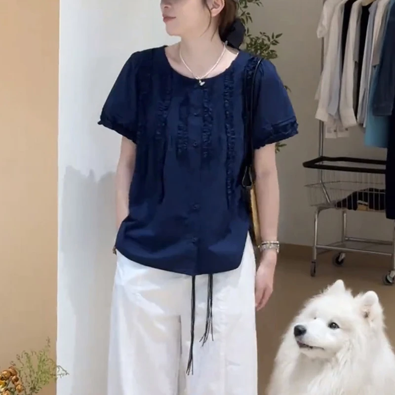 夏百搭休闲装新款女韩版宽松时尚短袖圆领木耳边衬衫上衣潮流衬衣