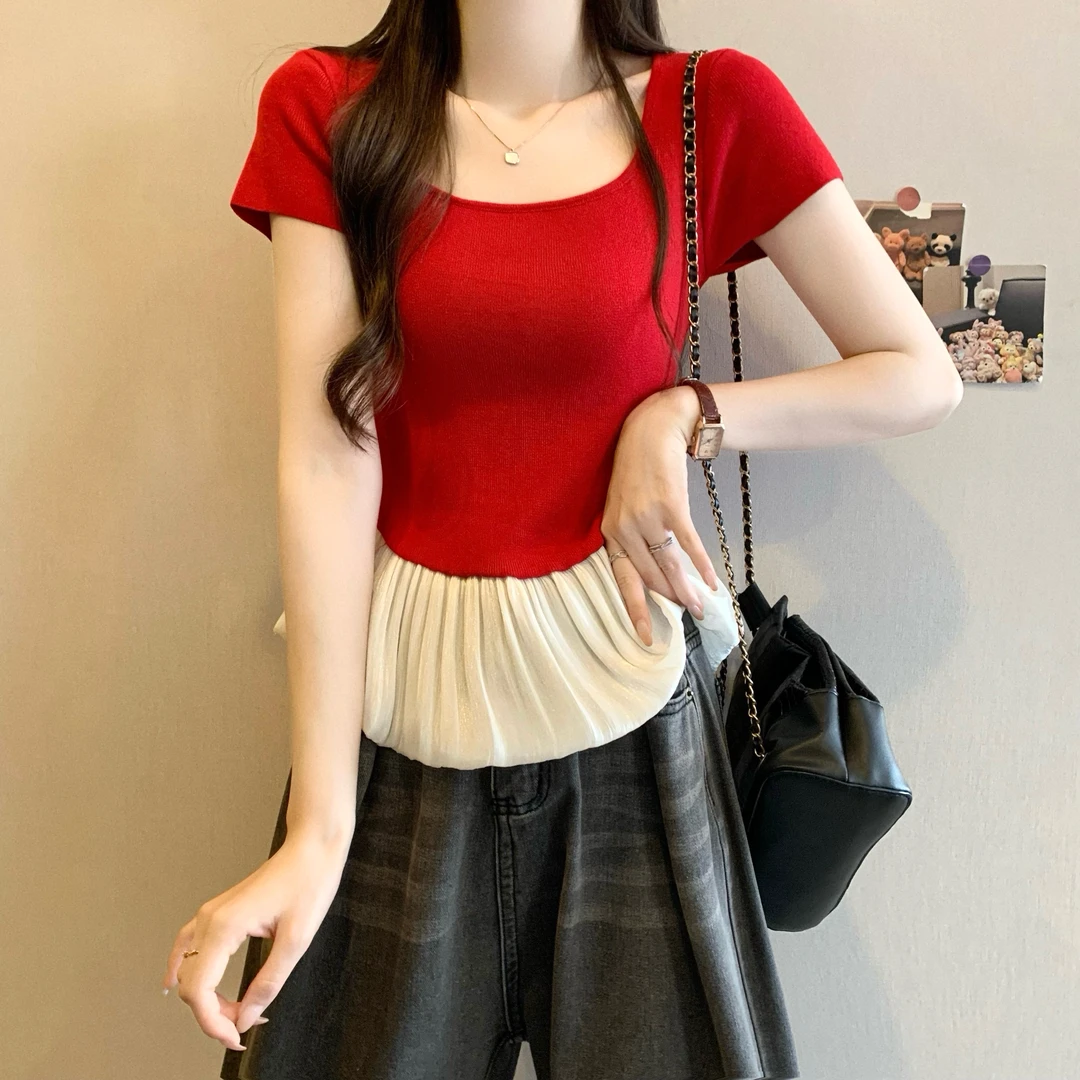 洋气衣服新版韩风设计感方领拼接短袖针织衫显瘦短款百搭性感夏季