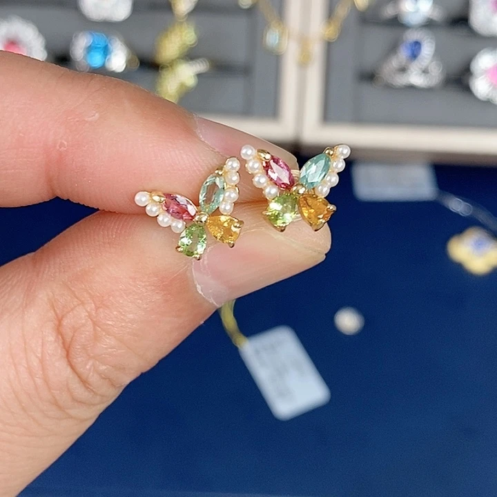碧玺猫眼耳饰银S925镶嵌