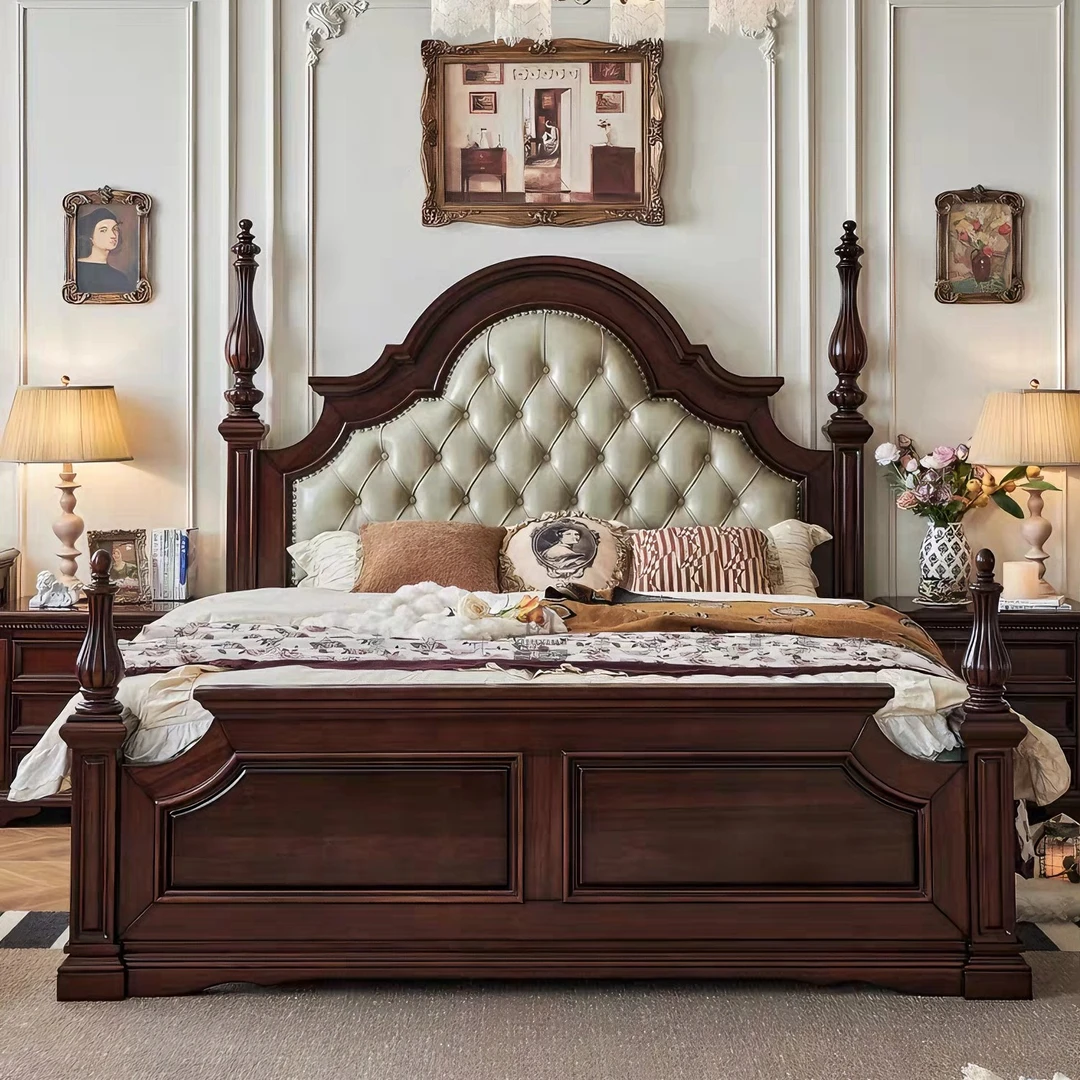 BESTFURN北美红樱桃美式复古真皮软包大床欧式公主床法式主卧大床