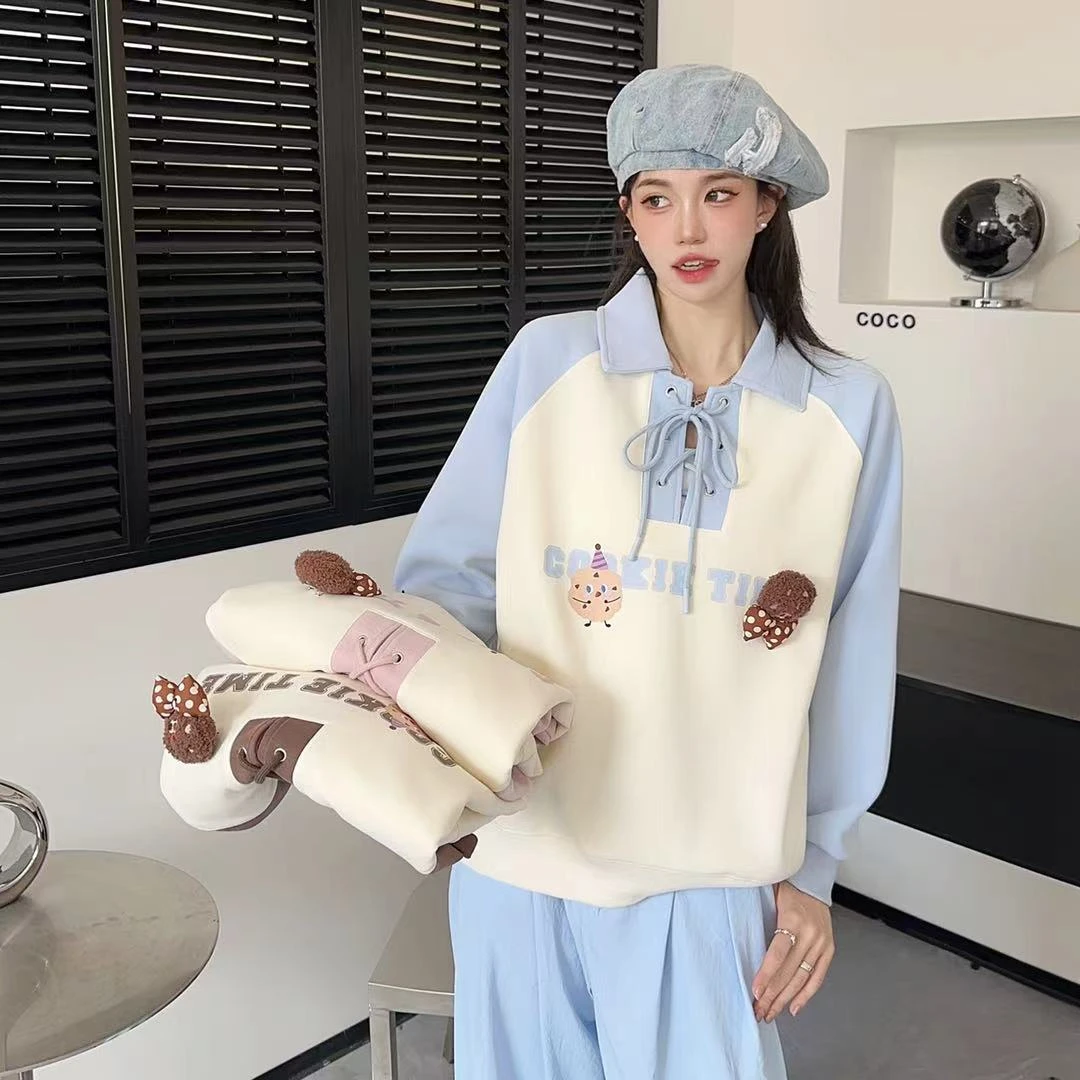 阿悄家 春季新款 Polo领毛绒饼干插肩撞色卫衣#8003