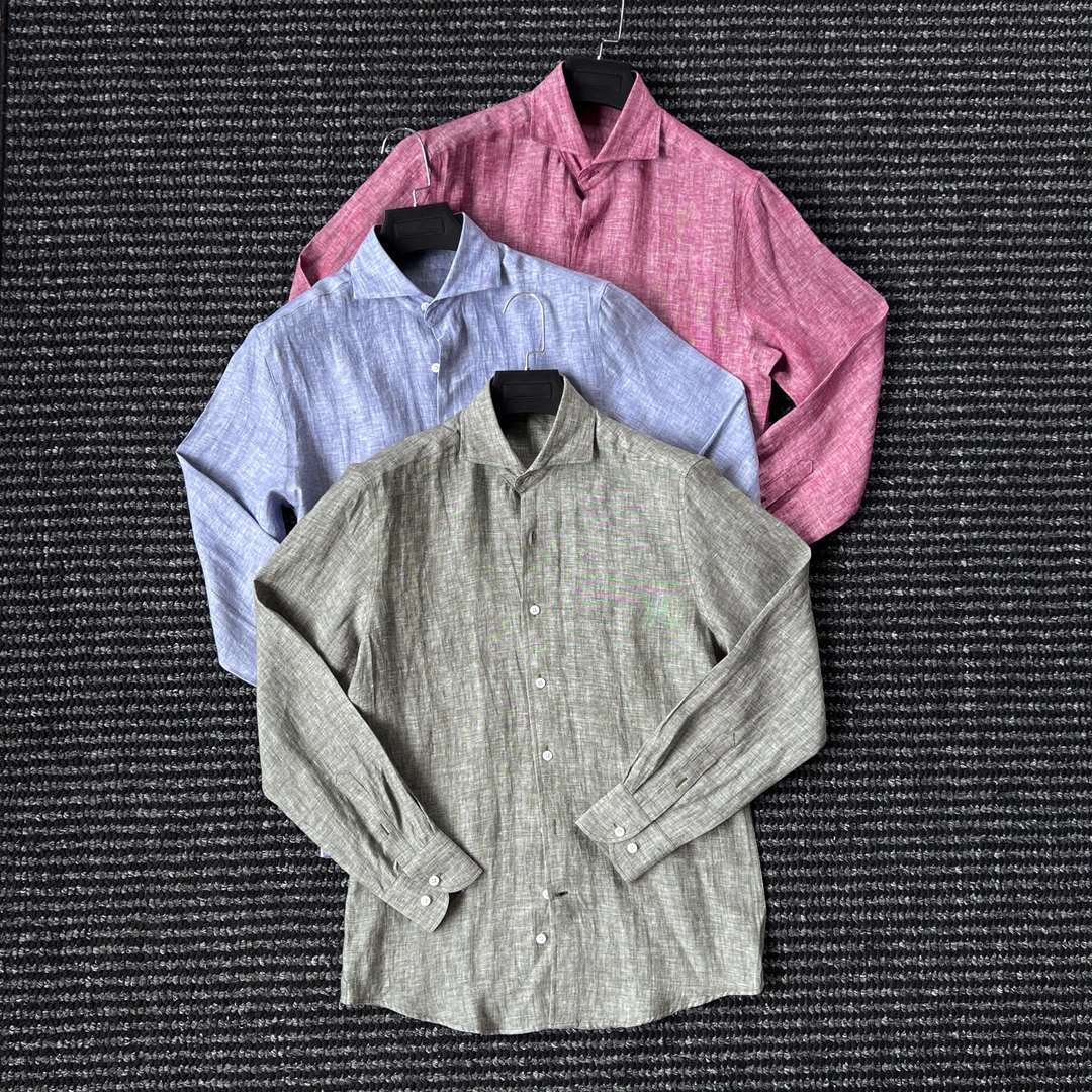 CssuGent那不勒斯皇后手工双纱100%亚麻衬衫男士意式商务休闲衬衣