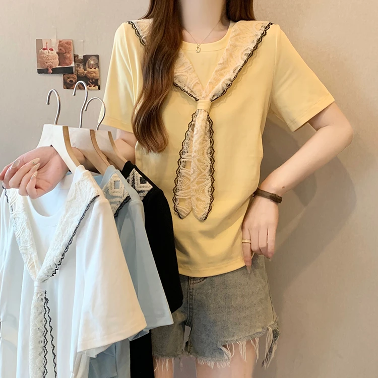 2025夏装新款女时尚减龄显瘦拼接蕾丝披肩正肩短袖T恤衫圆领上衣