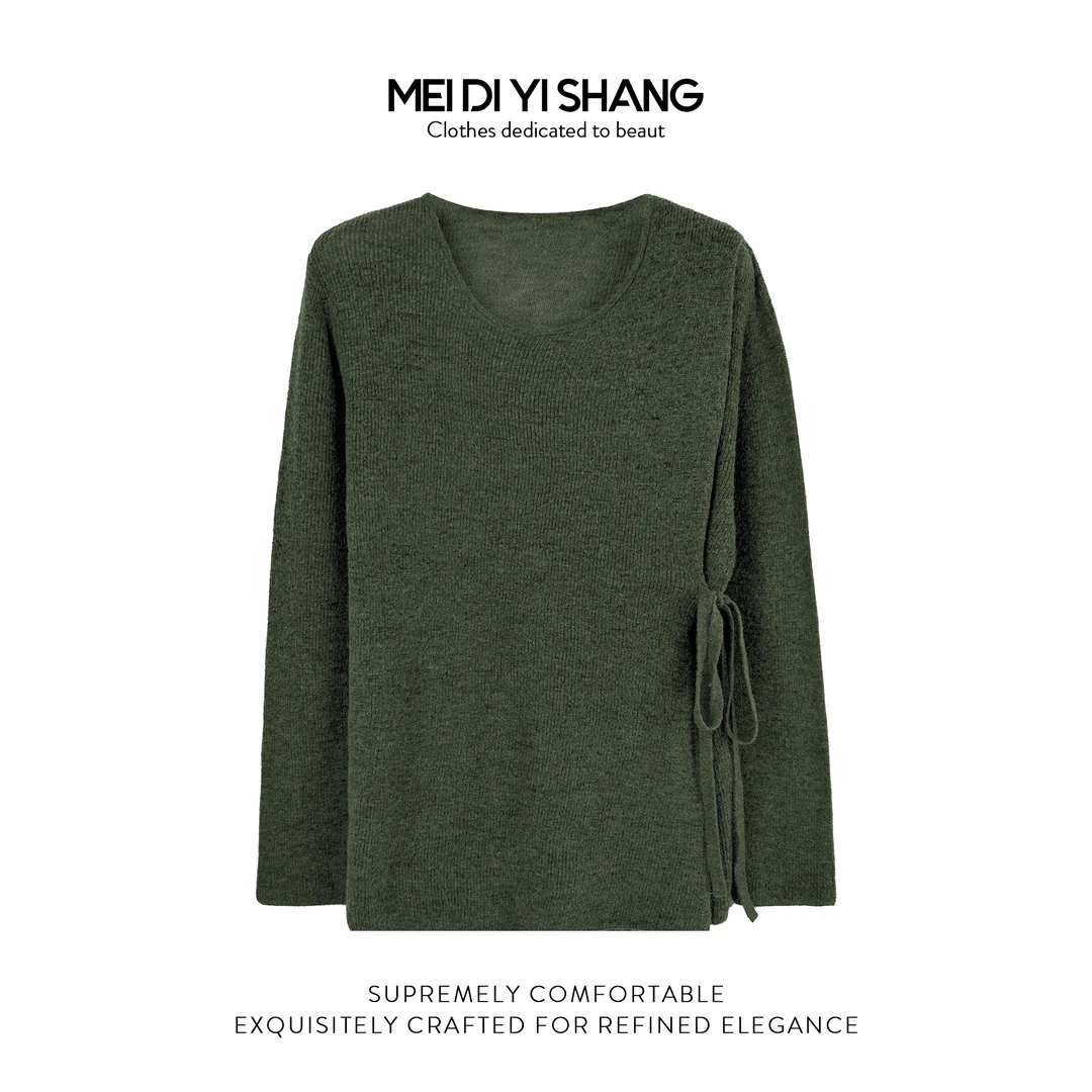 MDTS秋季新品含羊驼毛时尚圆领宽松休闲侧边系绳针织衫H208