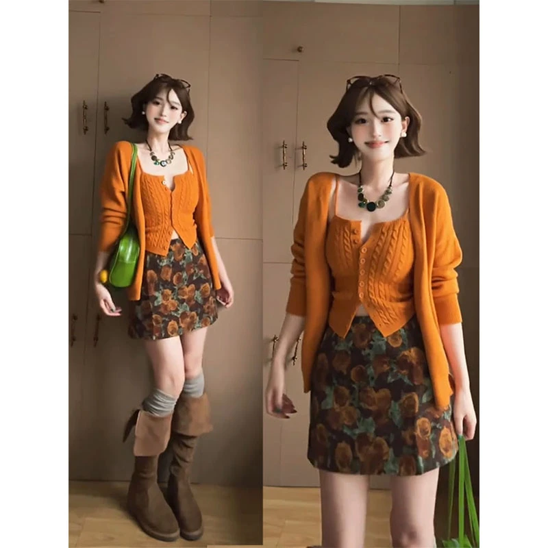 INS CEC慵懒软糯橘色针织毛衣外套背心上衣女碎花包臀半身裙套装