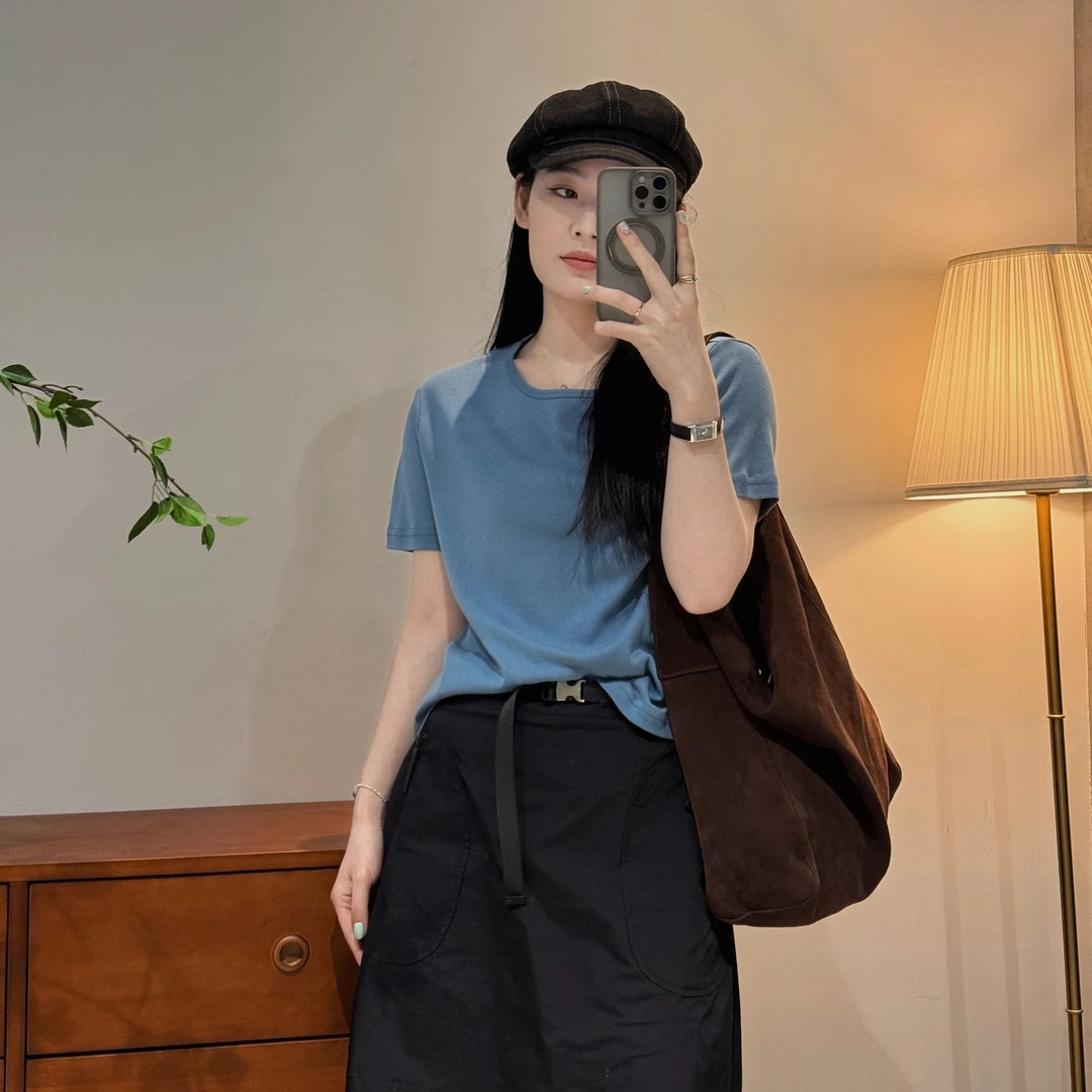 简约舒适休闲百搭透气纯色圆领短袖T恤女式打底衫-M25102317