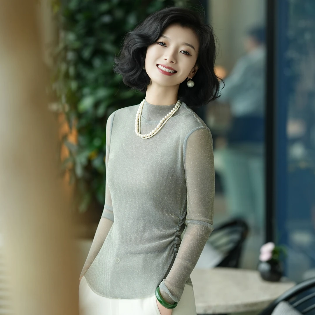 西子/【繁星打底】设计感褶皱轻薄百搭打底半高领灰色上衣/SYHY035