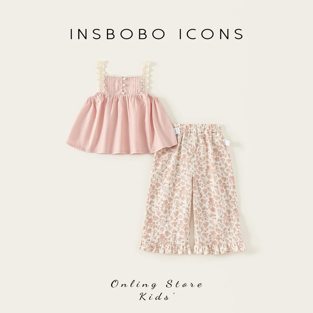 XT25203【夏】儿童套装（蕾丝吊带上衣+小花朵印花荷叶边裤子）