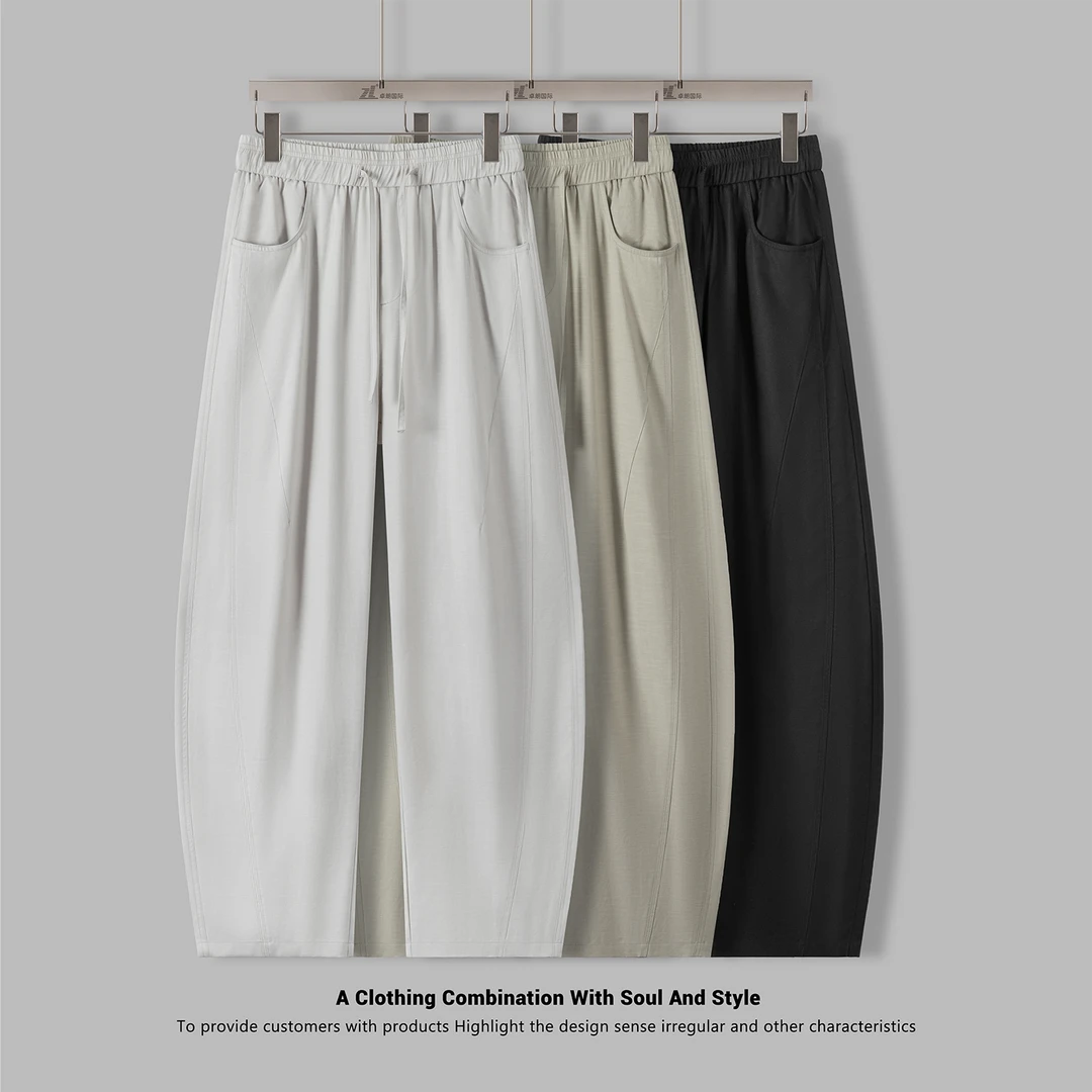 莱赛尔天丝亚麻冰丝裤男夏季新款宽松弯刀裤休闲裤子男款阔腿男裤