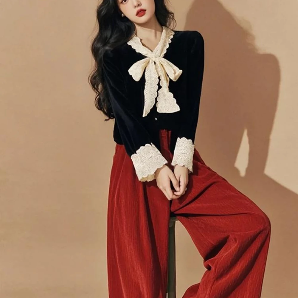 小香风套装独特漂亮大方得体穿搭蝴蝶结黑色丝绒上衣阔腿裤两件套