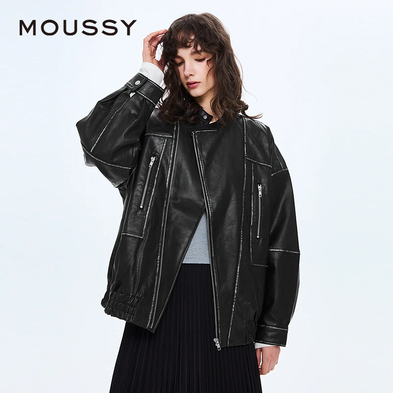 moussy 2025春季新品机车风廓形做旧仿皮质夹克外套028ISA30-2111