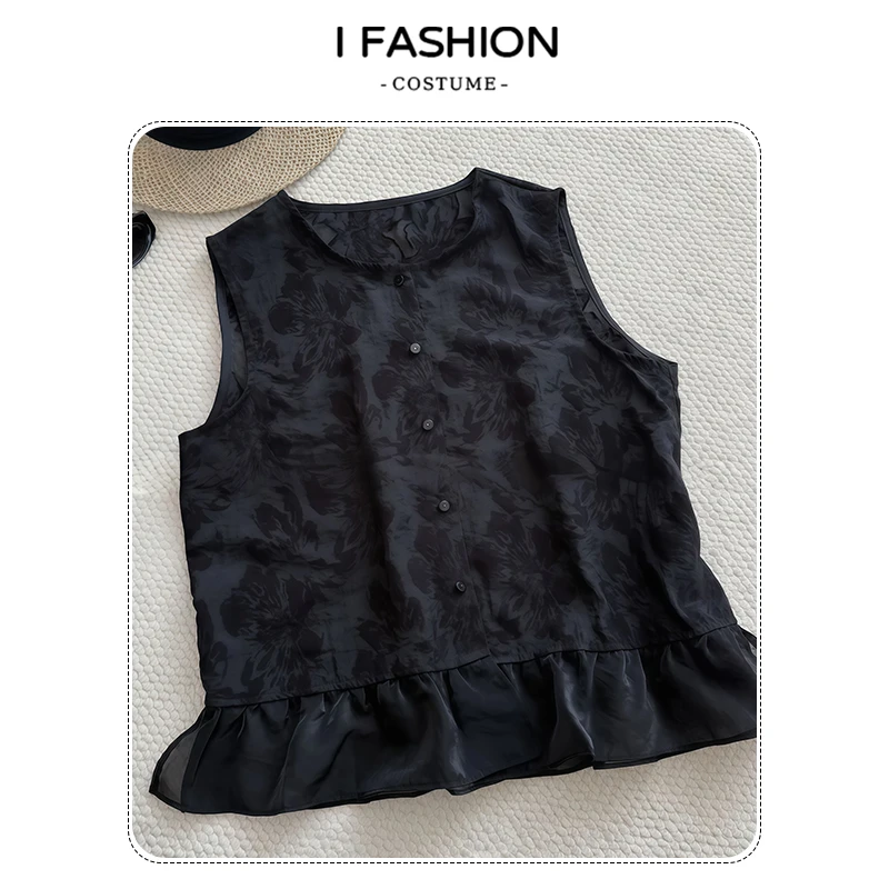 法式高级感时尚无袖衬衫女2025夏季新款轻奢宽松显瘦收腰圆领上衣