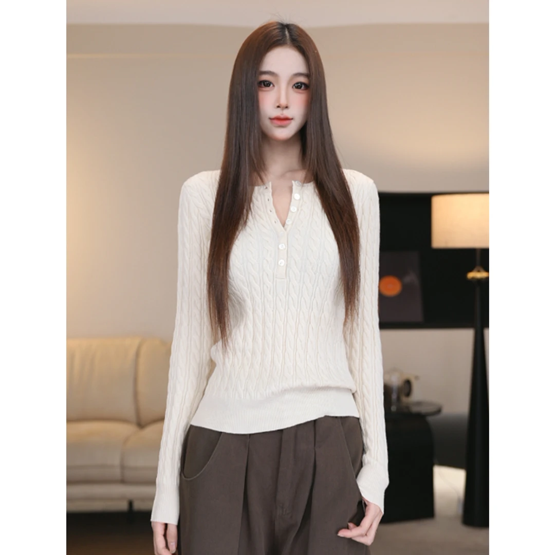 尔给韩系半开领麻花长袖针织打底衫女秋冬内搭修身软糯毛衣上衣