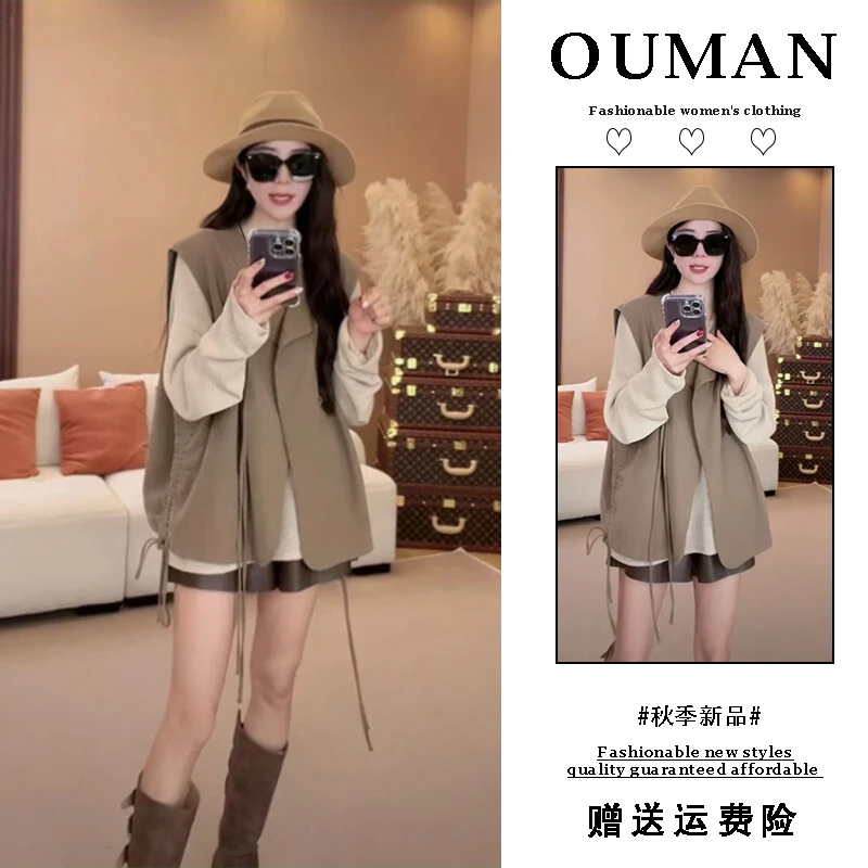新款宽松显瘦马甲背心时尚套装女2025早秋针织打底上衣皮裤三件套