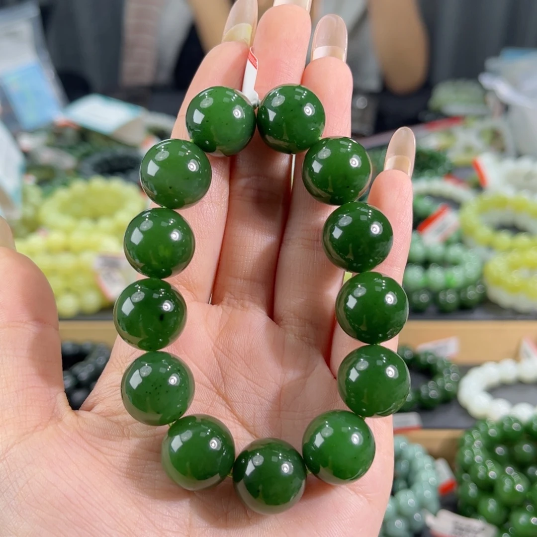 未镶嵌手链和田玉纯天然和田玉16mm俄料碧玉菠菜绿圆珠