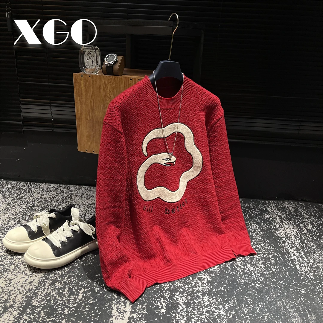 【XGORAD】男士冬季高奢贴布刺绣设计针织新年蛇年限定圆领套头毛衣