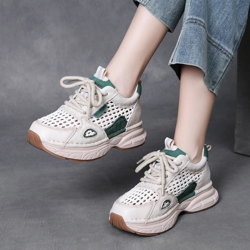 25605吉夏季新款牛皮网面拼接厚底休闲鞋镂空透气系带圆头老爹鞋