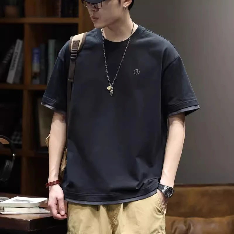 设计感假两件短袖t恤男士夏季250g重磅纯棉宽松圆领上衣半袖体恤