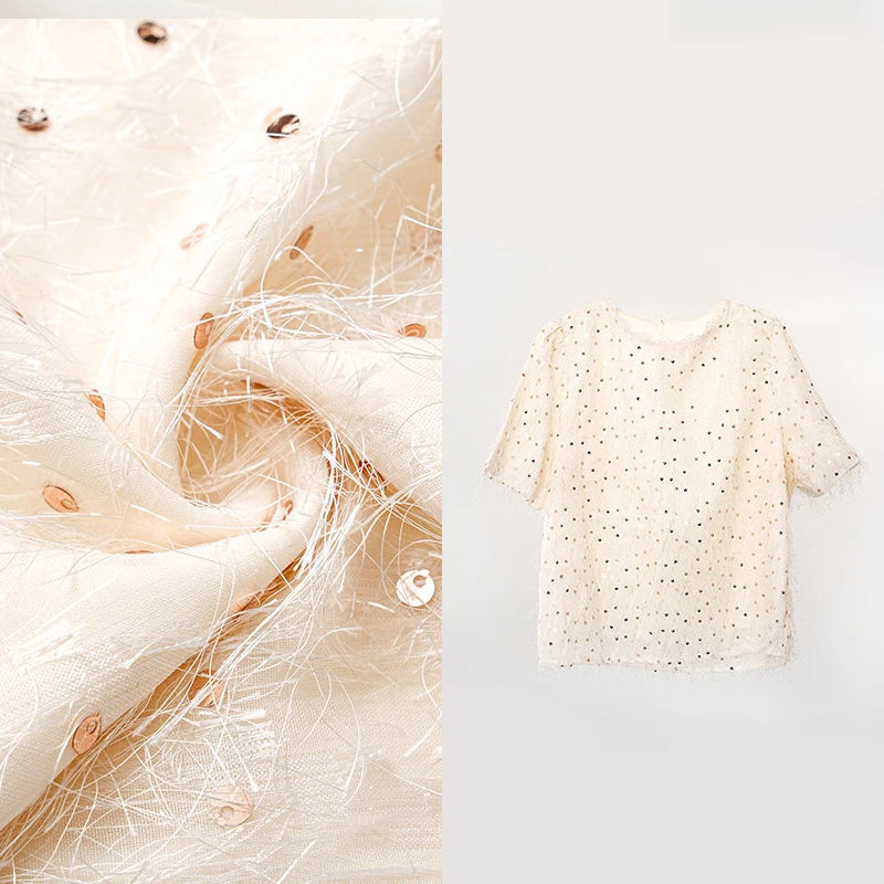 2025新款法式甜美圆领中袖宽松显瘦流苏亮片休闲百搭上衣