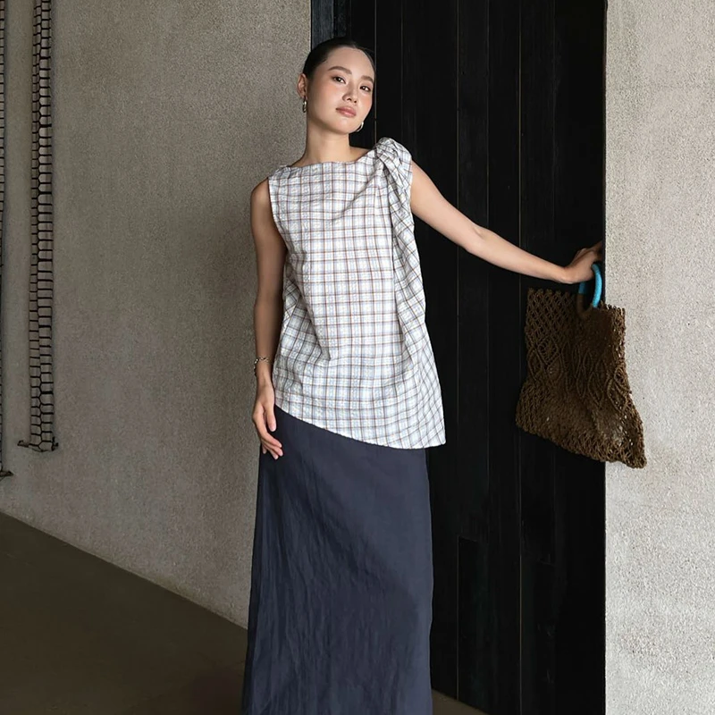 PURITY YH小众不规则露肩时尚休闲吊带背心格子百搭气质斜肩上衣