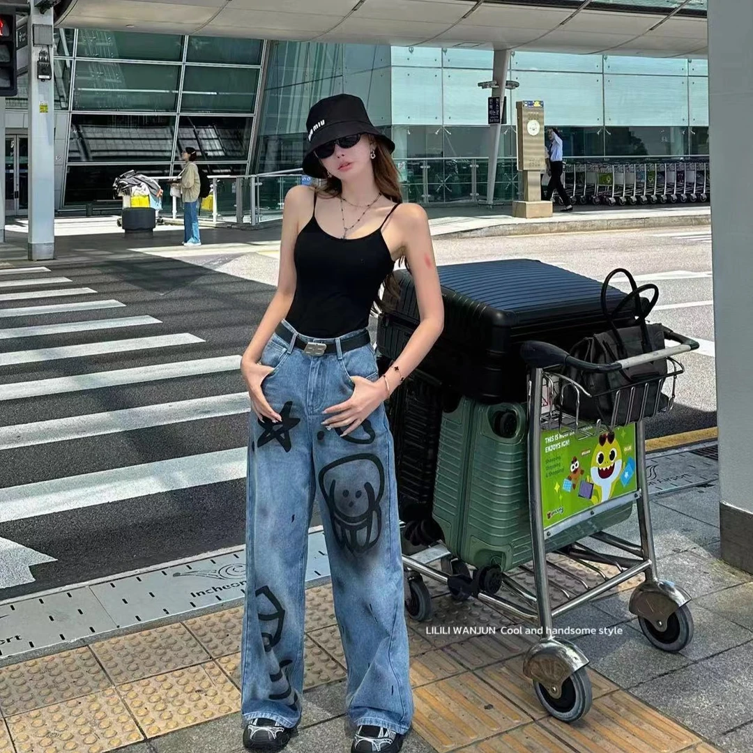 婉君【手绘涂鸦】夏季时尚休闲阔腿牛仔裤LWJ24B2K795