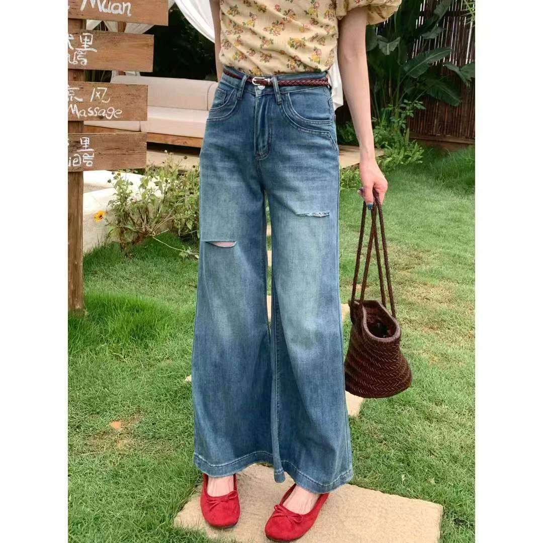四面弹微喇牛仔裤夏季新款女装高腰显瘦不贴腿破洞阔腿长裤